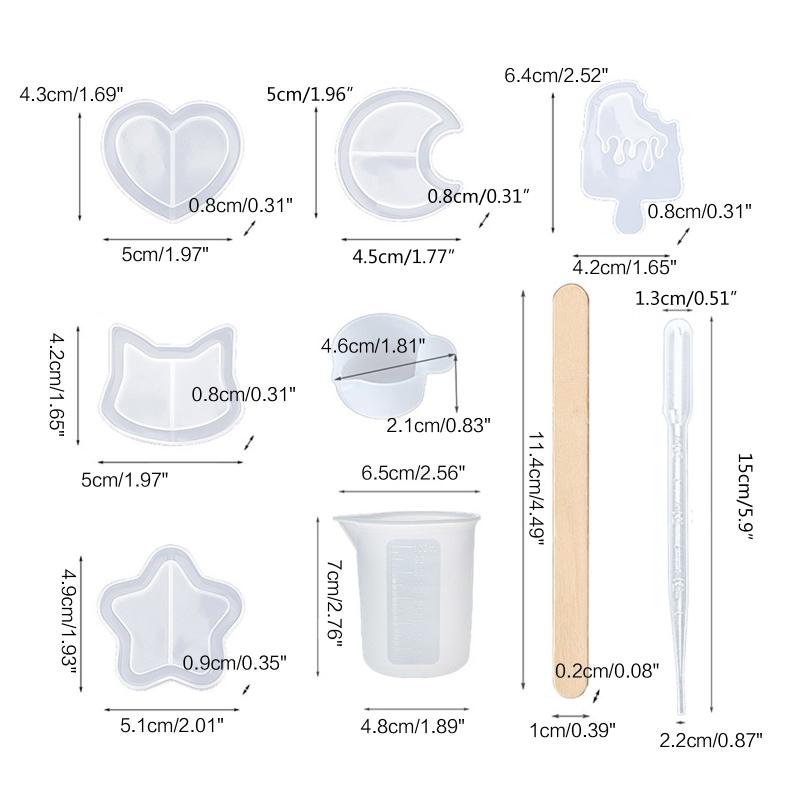DIY Casting Silicone Resin Mold Kit Cats Heart Moon Epoxy Mold with Ice Cream Stick Dropper Measuring Cup for Home De