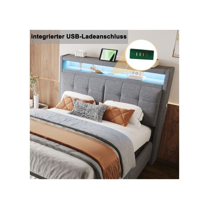 Lit - MUVOE - 140x200 cm - Rembourré en lin gris - Éclairage LED - Prise USB