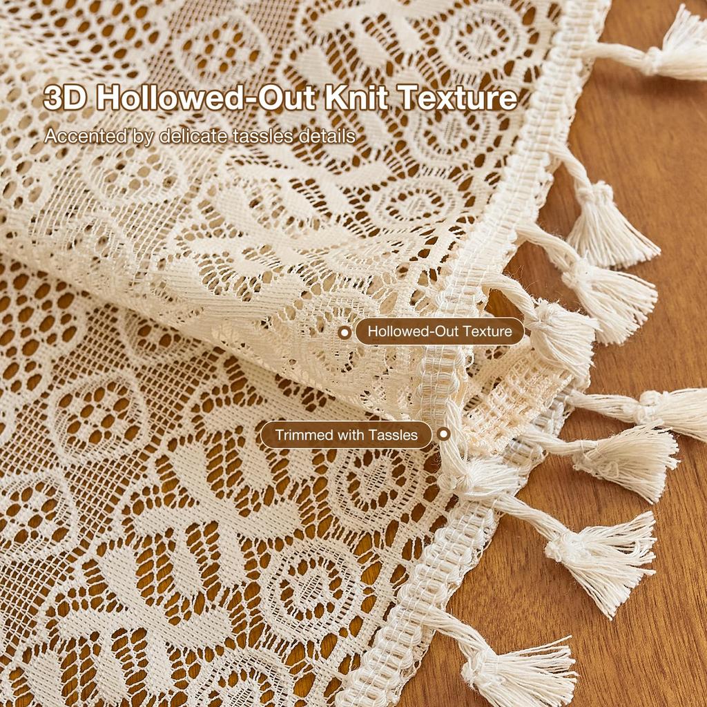 Boho Crochet Curtain, Sheer Lace Handmade Tassels Knitted Window Treatment Vintage Rustic Bohemian Farmhouse Drape for Bedroom