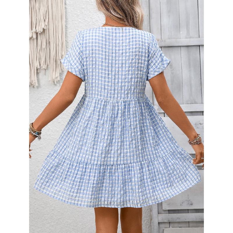 2026 Summer New Women's V-neck Loose Casual Short-sleeve Plaid Dress