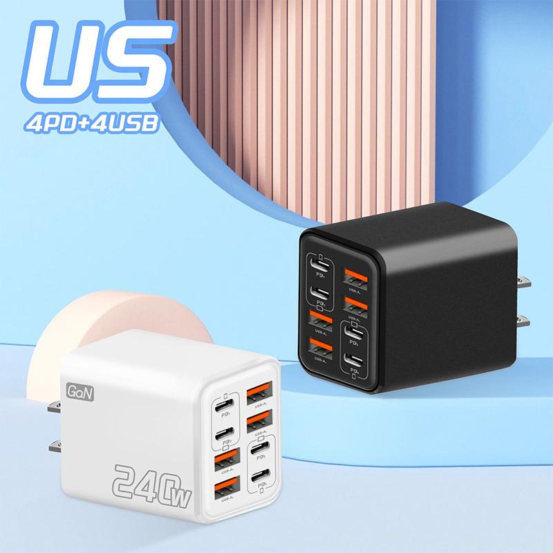 240W Gan Usb C Charger 8 In 1 Fast Charging Phone Charger Power Adapter For Phone Type C Eu/Us Plug Wall Charger