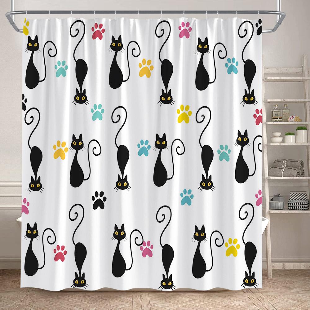 Funny Cats Shower Curtains Cute Cartoon Animal Pet Floral Bath Curtain Set Polyester Fabric Black Bathroom Decoration with Hooks