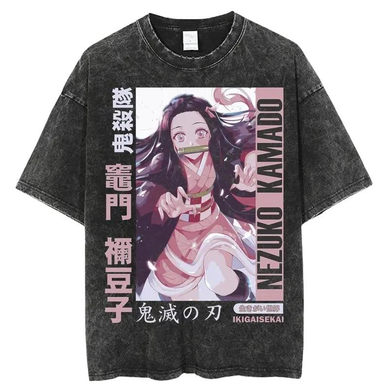 Demon Slayer Nezuko Kamado Retro Portrait Vintage Washed Oversized Anime Streetwear Women And Men T-Shirt S