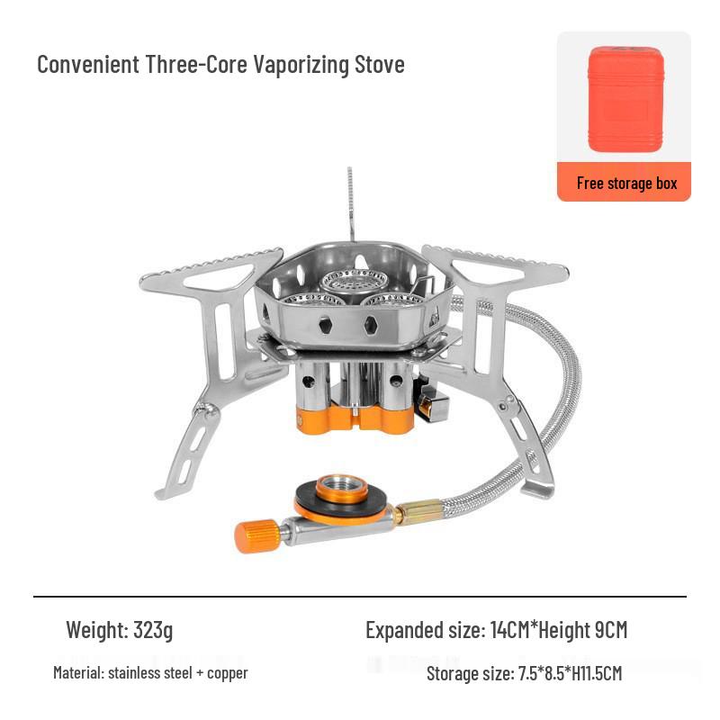 Portable Outdoor Camping Stove: Windproof, Electronic Ignition, High-Fire, Flat Gas Canister, Three-Core Stove Head for Cooking & Grilling.
