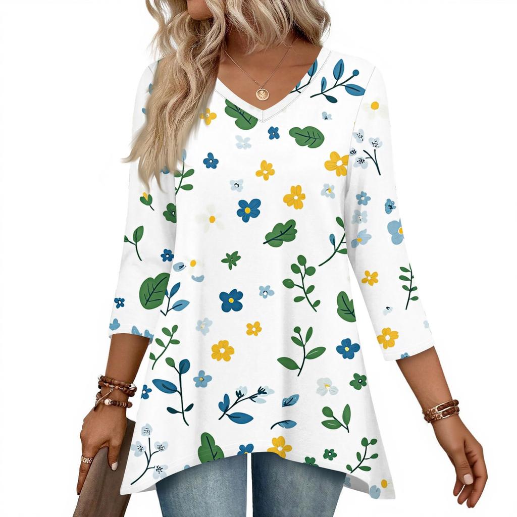 Dámské topy s výstřihem do V a 3/4 rukávem, ležérní košile střední délky, módní tuniky s potiskem