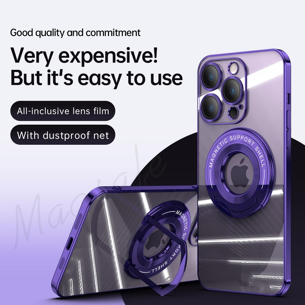 Luxury Plating Transparent For Magsafe Magnetic Case For iPhone 15 14 13 12 11 Pro Max Plus Wireless Charging Kickstand Armor Cover