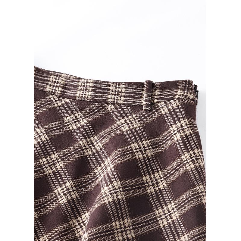 Women's Retro Brown Plaid Woolen High Waist A-Line Skirt - Elegant Slimming Mid-Length for 2025 Autumn/Winter