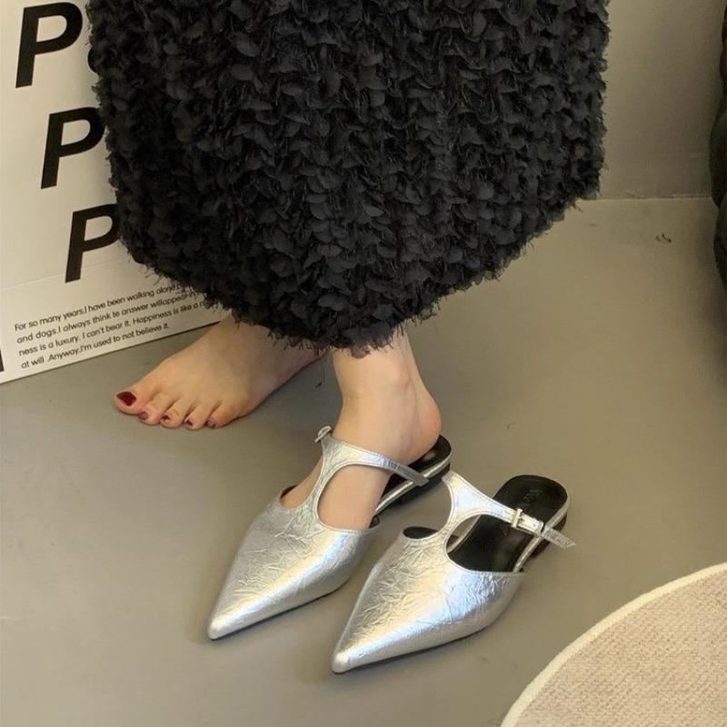 Fashion High Heels Women's Fashion Pointed Toe Shallow Mouth Cover Foot Anti-Slip Wear-Resistant Low Shoes Wrapped Toe Slippers
