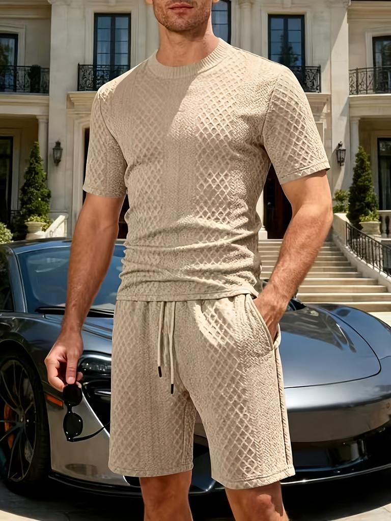 Men Casual Summer Jacquard Short Sleeve Top And Shorts Set