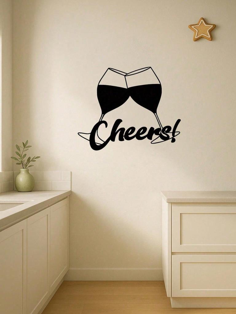 PC Metal Wine Wall Art Cheers Sign, Modern Black Glass Sculpture for Kitchen Bar Home Decor