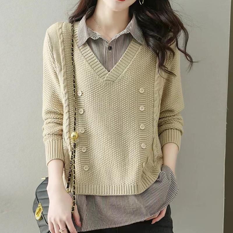 Fake Two Piece Knit Sweater Women's Splice Shirt Collar Spring Autumn Korean Loose Long Sleeve Sweater Brown Shirt