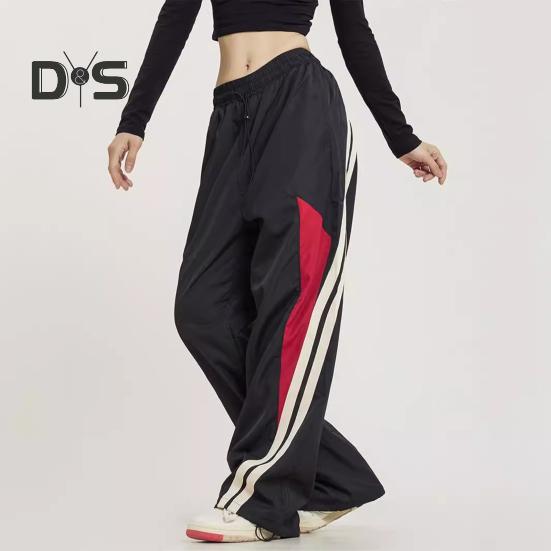 Damenhose, elastisch, hohe Taille, verstellbarer Kordelzug, weites Bein, vertikale Streifennähte, Retro-Streetstyle-Sporthose