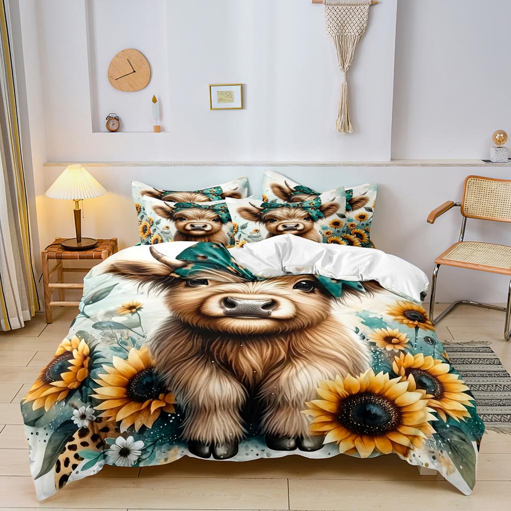 3pcs Highland Cow Pattern Duvet Cover Set Fabric With Digital Animal Print 1 Duvet Cover And 2 Pillowcases (No Quilt)