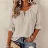Women's Fashion Color Round Neck Tie Ruffle Three Quarter Sleeve Blouse for Casual Wear