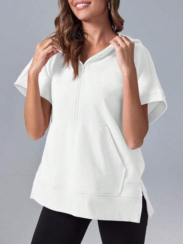 Women's Oversized Half Zip Hoodie Short Sleeve Pullover Sweatshirt Top with Pockets