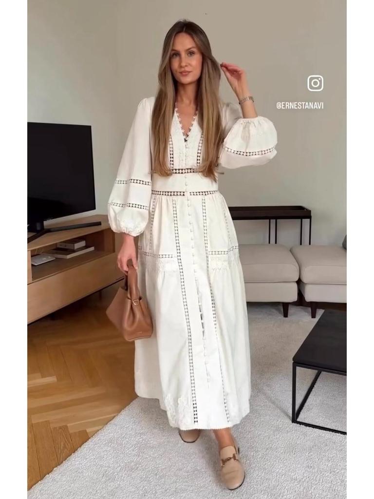 Women's European American Lace Trim V-Neck Long Sleeve Dress