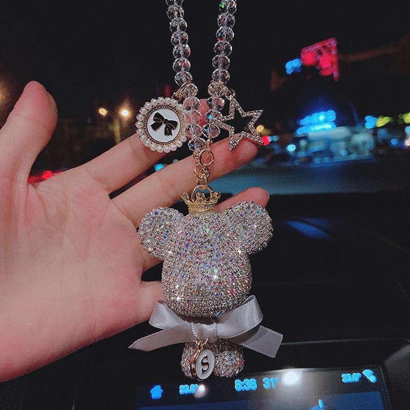 Fashion Crystal Cartoon Gloomy Bear Car Hanging Ornaments Rhinestone Tassels Crystal Pendant Rear View Mirror Car Decoration
