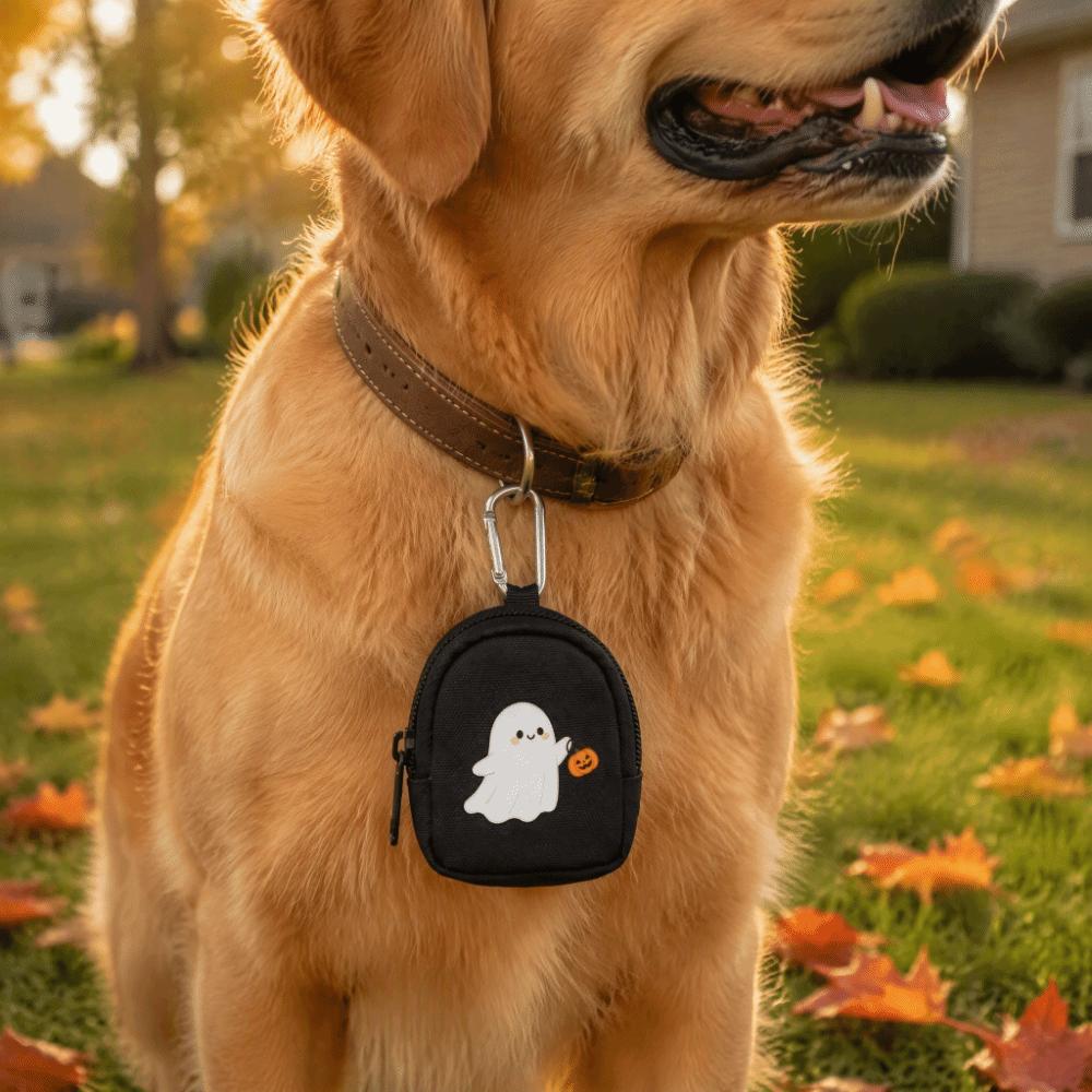 Zippered Halloween Dog Snack Pack Ghost Pumpkin Pattern Spill-Proof Dog Training Treat Bag Canvas Durable Pet Snack Pouch