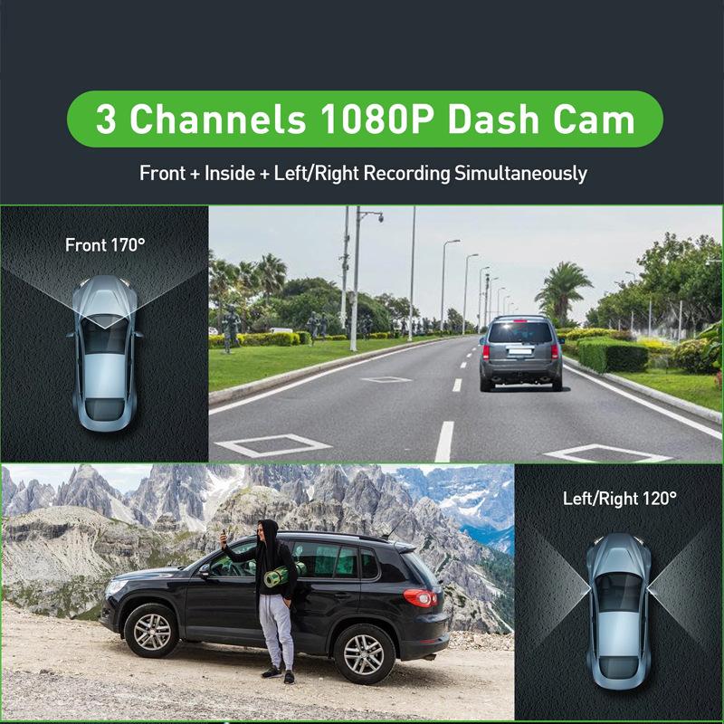 New 3 Channel Dash Cam Video Recorder Three Lens Front Back Left Car Camera with Rear View DVR 1080P Monitor Black Box Car Accessories