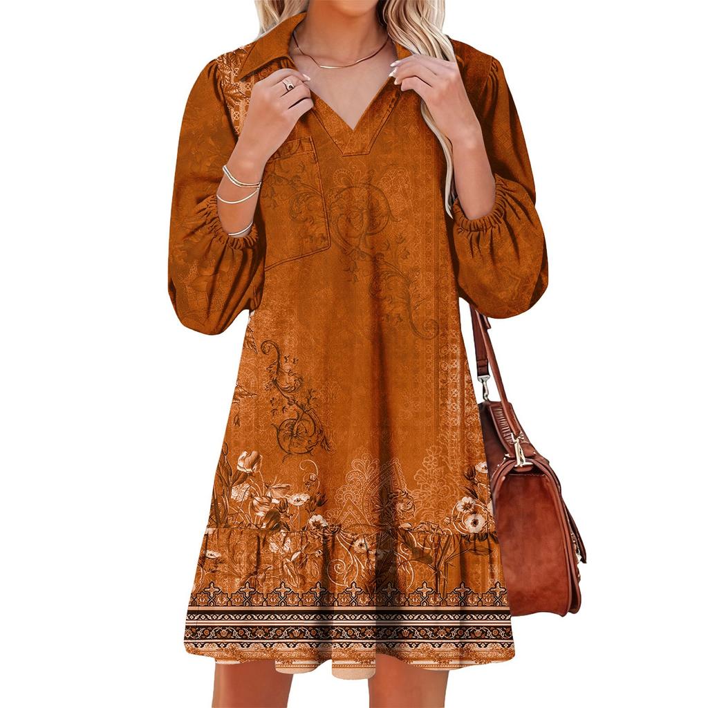 Women's Fashion Elegant Autmn And Winter Long Sleeve V,Neck Christmas Print Dress