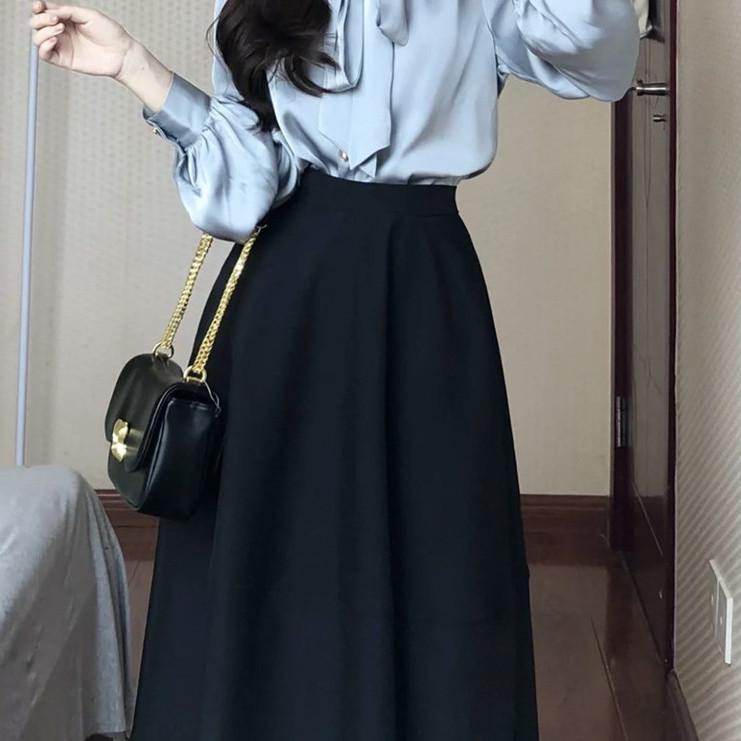 

Elegant Korean Spring Suit 2026: Women s Bow Tie Shirt & Lace-up Drape Skirt Set S