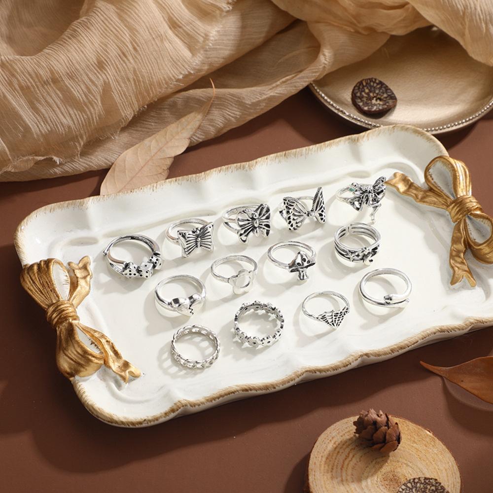 Exaggerated Mushroom Chain Flower Moon Love Butterfly Snake Hollow 13-piece Ring Set