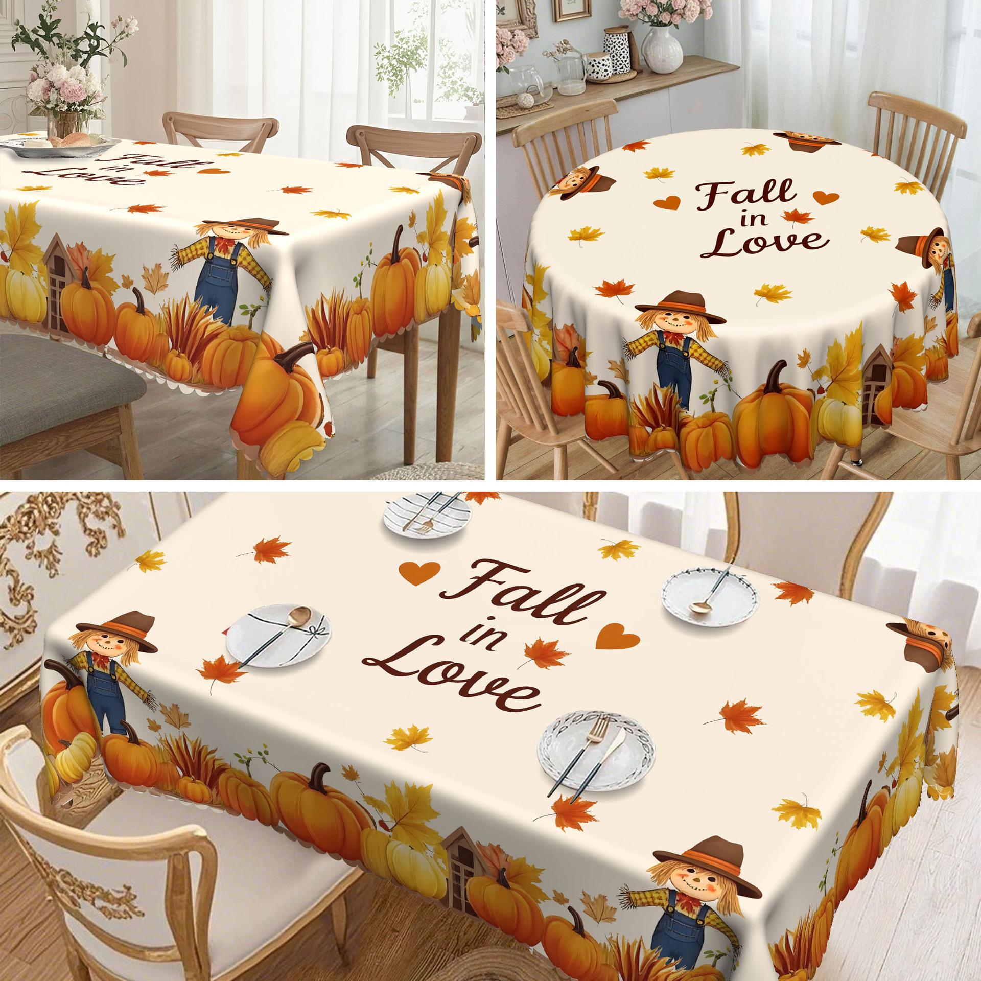 

1 Piece Thanksgiving Tablecloth - Pumpkin Scarecrow Fall In Love Wooden House And Autumn Leaf Pattern, Suitable For Dining Table round tablecloth-152x152cm
