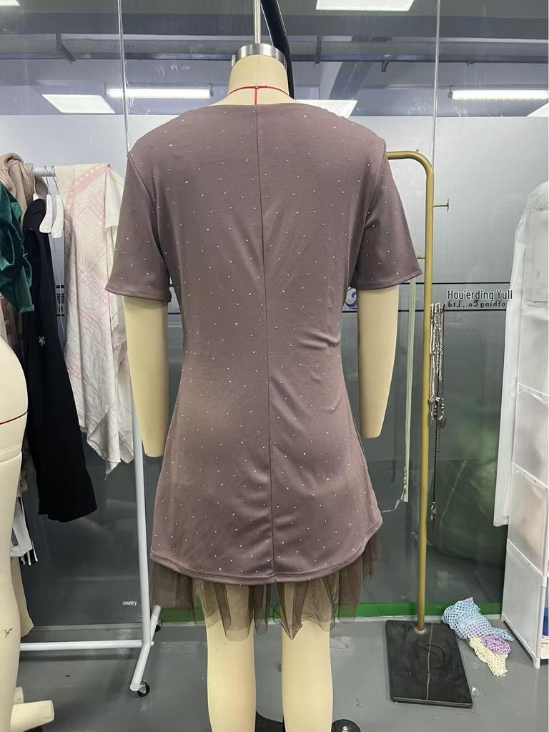 2025 Rhinestone Mesh Pleated Dress - Spring/Summer European Collection