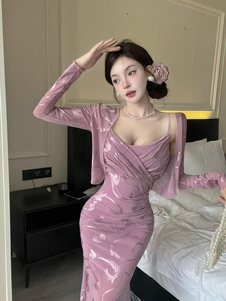 Elegantes Nachtclub-Temperament Cardigan & Sexy Träger-Abendkleid Set