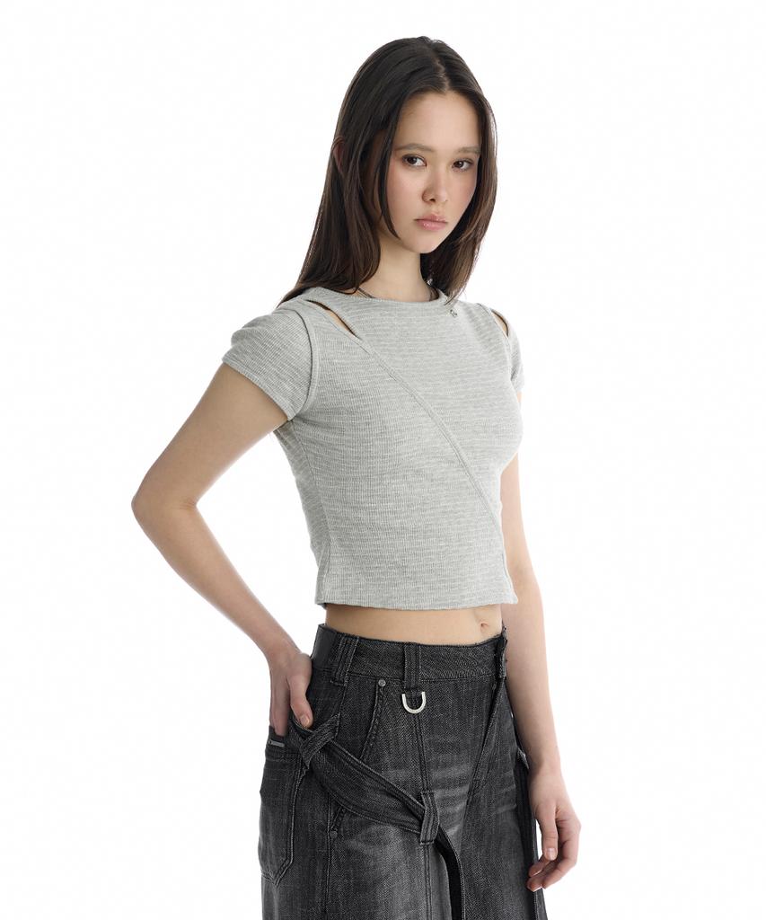Teulimingbeodeu Slim-Fit Slit Ribbed T-Shirt [ Melange Gray ]