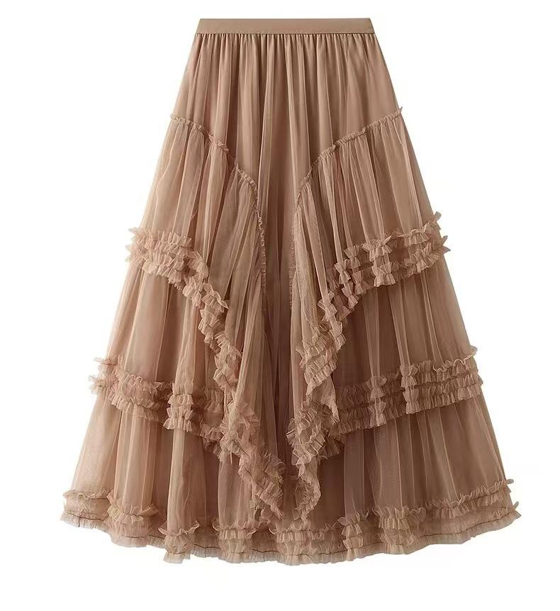 Qooth Mehrlagiger Tüll-Kuchenrock Süßer Maxi-A-Linienrock Eleganter Trendiger Gazerock QT2589