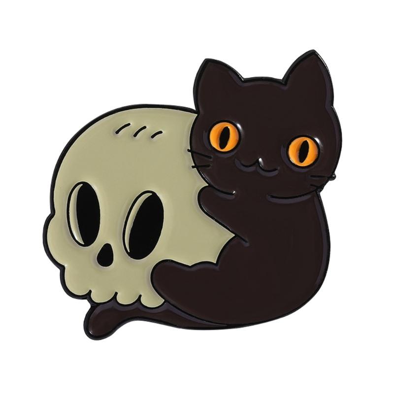 Unique Skeleton Cats Theme Metal Pin Creative Gift Mysterious Black Cats Jewelry For Gothic Culture Lovers