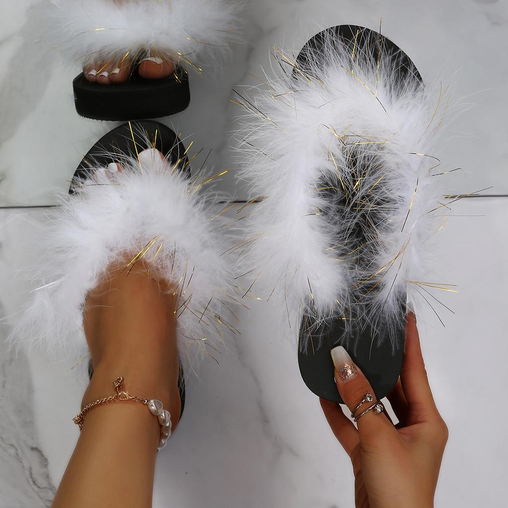 Fashion New Summer Faux Fur Platform Slippers Women Indoor Furry Fur Slides Women Plush Flat Sandals Casual Fluffy Slippers House Shoes