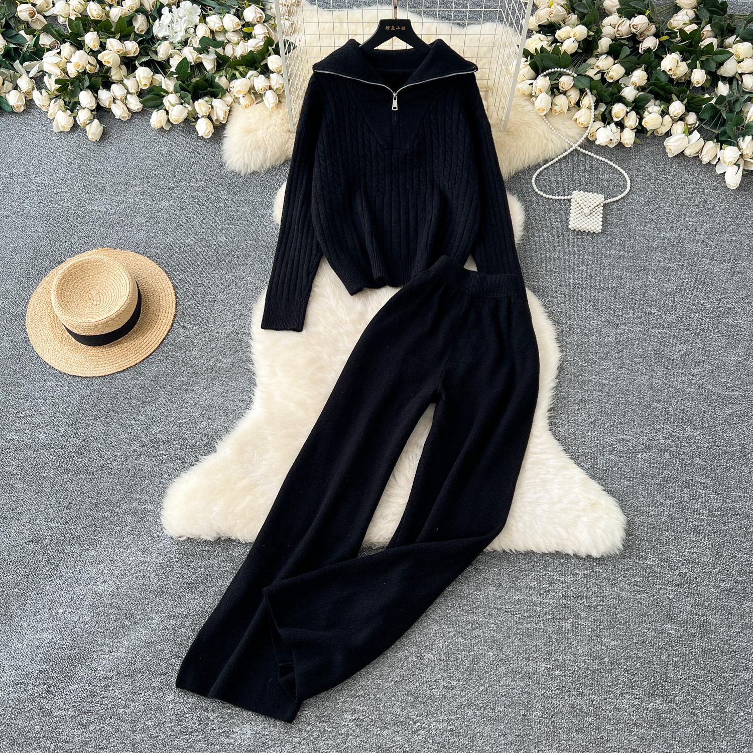 

Франция Повседневные эластичные трикотажные комплекты женские топы с лацканами и длинными рукавами, базовые брюки с высокой талией, осенне-зимние элегантные костюмы из двух частей One Size чёрный