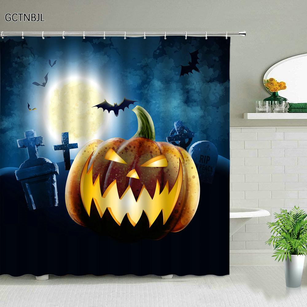 Halloween pumpkin Lantern Shower Curtain Bathroom The Terrible  Forest Wood Ghost House Tombstone Fabric Bathroom Curtain Set