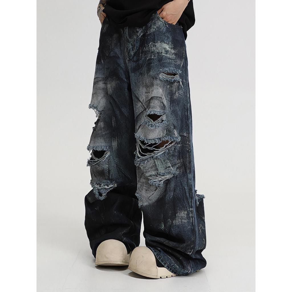 Tie-dye ripped jeans men's straight loose wide-leg American high street vibe pants trendy brand ruffian handsome beggar trousers