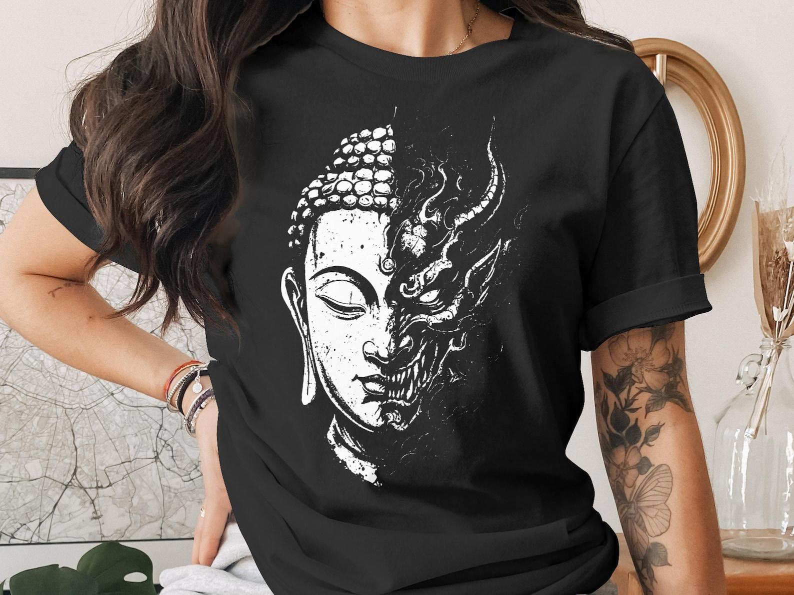 Buddha Demon Duality T-Shirt, Zen Inner Balance Graphic Tee, Dark Aesthetic Spiritual Grunge Goth Gift S