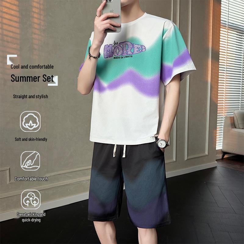 Hong Kong Style Tie-Dye Men's Sportswear Set - Summer 2026 Trendy Short Sleeve & Shorts