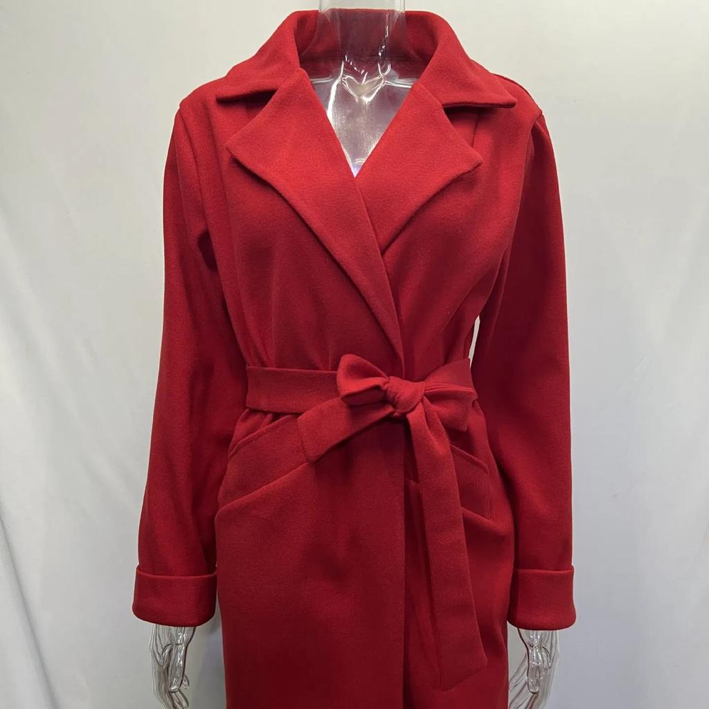 2026 Autumn Winter Fashion Slim Fit Belted Lapel Wool Coat - Warm Overcoat for Women