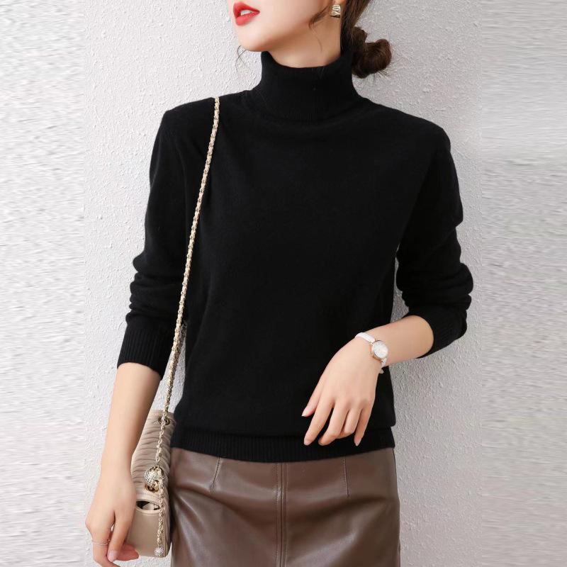 Women's Pure Wool High Neck Sweater - Loose, Slimming, Solid Color, Autumn/Winter Base Layer