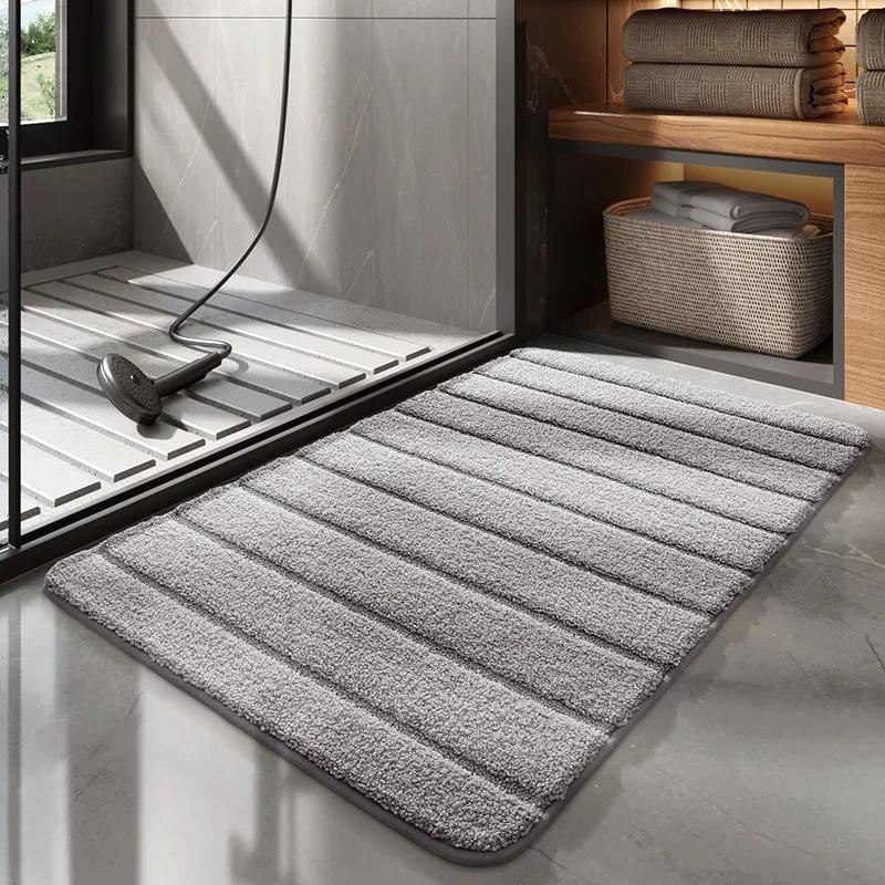 

Simple Solid Color Striped Bath Mat Thickened Water-absorbent Microfiber Flocked Bathroom Rug Quick-drying Anti-slip Foot Mat 44x76cm світло-сірий колір