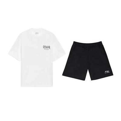Li Ning Tactical Letter Print Fashionable Casual Round Neck Short Sleeve T-Shirt Sports Set Unisex Tops White Black YHSV281-1+YKSV147-2