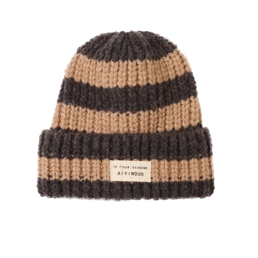 

Зимняя вязаная шапка женская полосатая шерстяная шапка в тон, теплая шапка для защиты ушей коричневый/кофейный