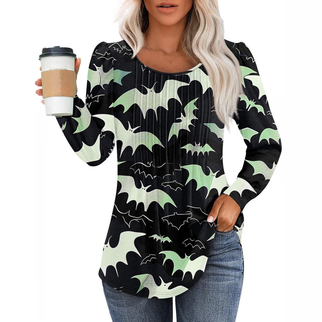 Women's Casual Fashion Long Sleeve Print Pleated Round Neck Shirt Casual Tops