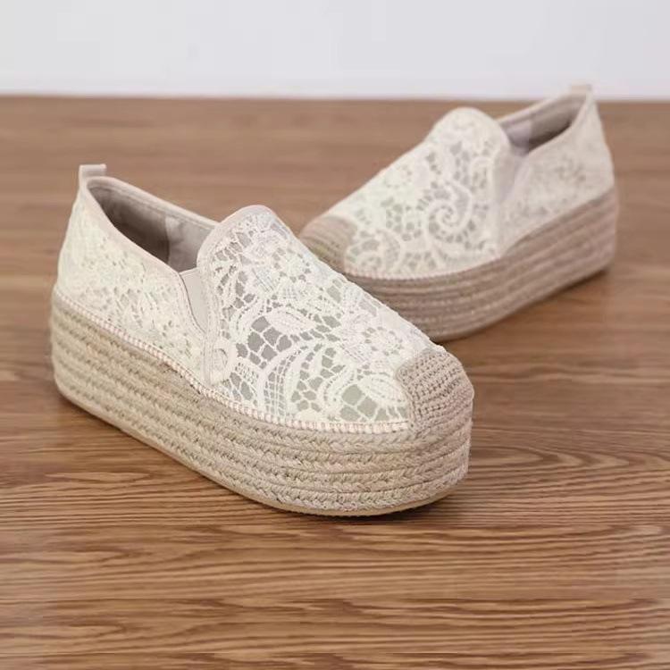 2025 New Straw Thick-soled Fisherman Shoes Women's Summer High-heeled Lazy One-pedal Lace Muffin Shoes Versatile Single Shoes Women