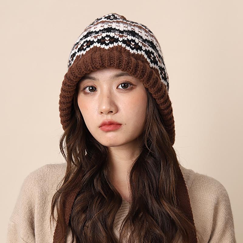 Women's Retro Fair Isle Knitted Balaclava Hat - Warm Wool Ear Protection