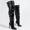 Women Side Zipper High Thin Heel Long Boots Spice Girl Pleated Over Knee High Boots for Outdoor Nightclub Pub Party Gathering