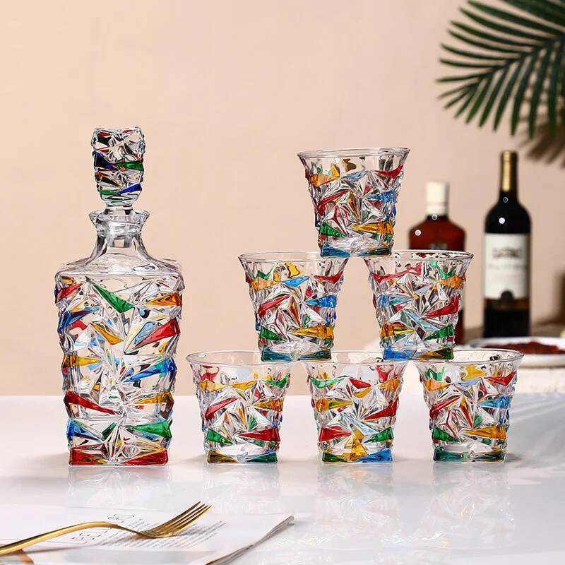 

7 Pcs Best Crystal Wine Set Kaleidoscope Neon Glacier Whisky Decanter Cups Set Brandy Wine Bottle And Glass Cup Set Wholesale 7 Pcs Set