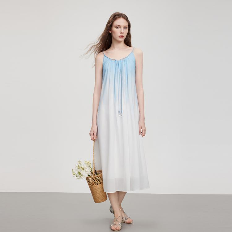 Elle Fashion Gradient Design Drawstring Slim Long Dress Women dresses Blue EL51123