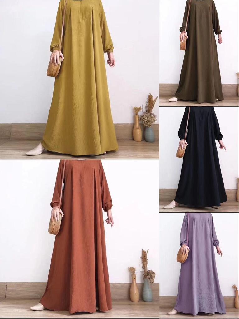 2023 Solid Color Long-Sleeve Round Neck Zipper Dress for Muslim Women